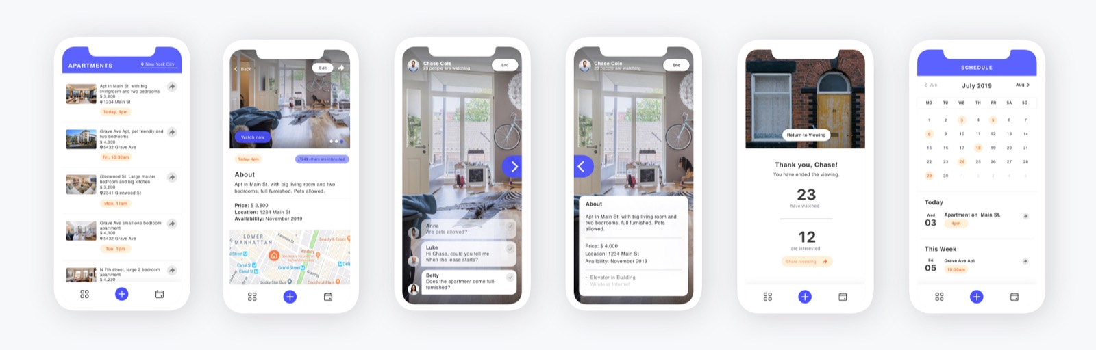 All six screens of the Alpaca Live Viewings app